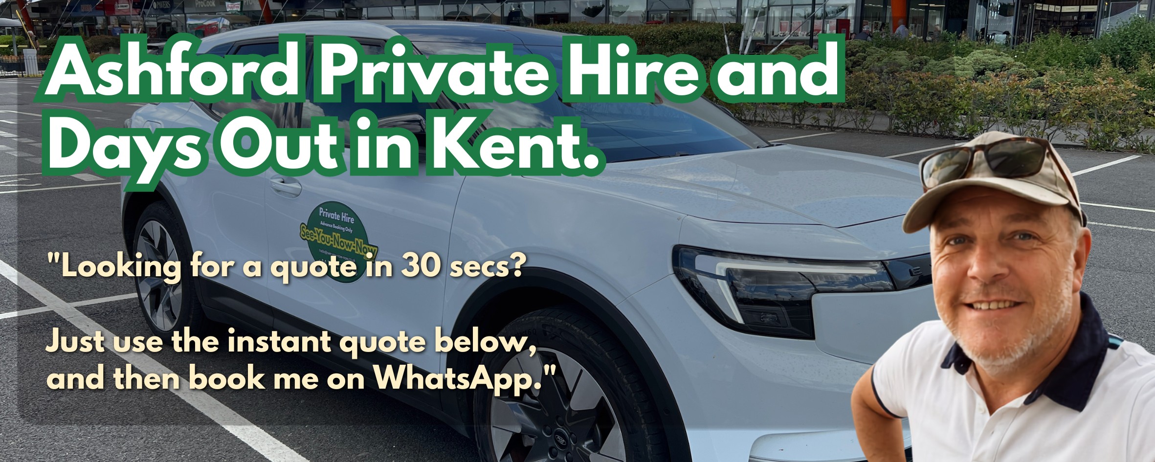 Craig Bruun beside his fully electric Ford Explorer in Ashford, Kent. Licensed private hire for airport transfers and days out.