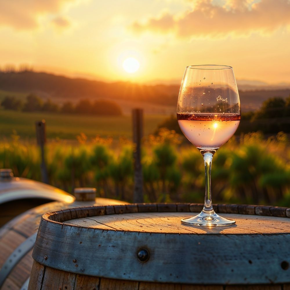 A glass of English wine at sunset over a Kent vineyard